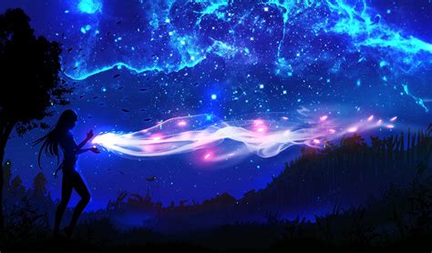 Digital Art Landscape Trees Night Sky Anime Girls