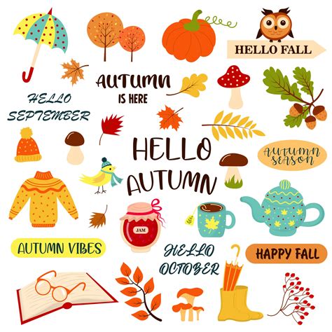 Hello Autumn Set With Autumn Phrases And Cozy Fall Season Elements
