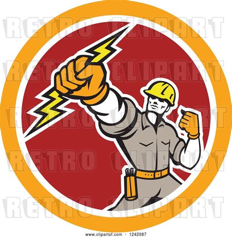 Vector Clip Art Of Retro Electrican Holding Up A Fist And Bolt In A
