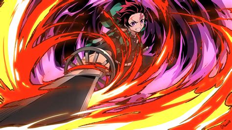 Demon Slayer Tanjiro Kamado With Background Of Red Purple Yellow Black Abstract 4k 5k Hd Anime