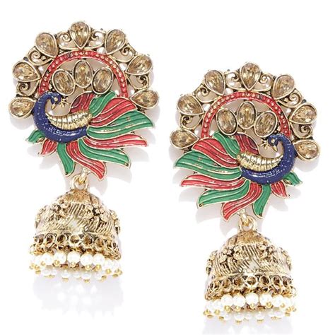 Priyaasi Gold Plated Peacock Inspired Minakari Jhumka Earrings Buy