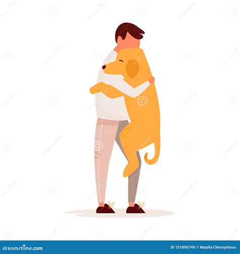 Young Man Hugging His Dog Pet Love Concept Stock Vector Illustration