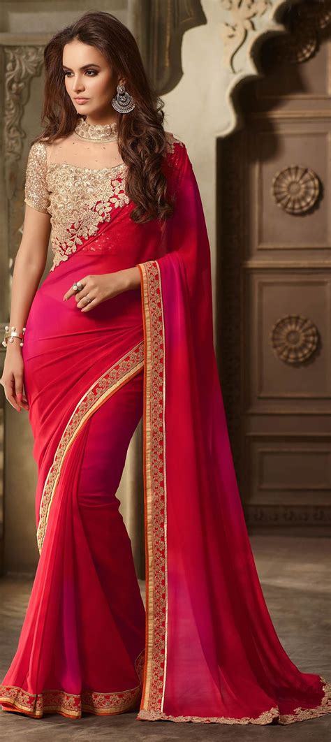 Faux Georgette Party Wear Saree In Pink And Majenta With Lace Work Saree Designs Party Wear
