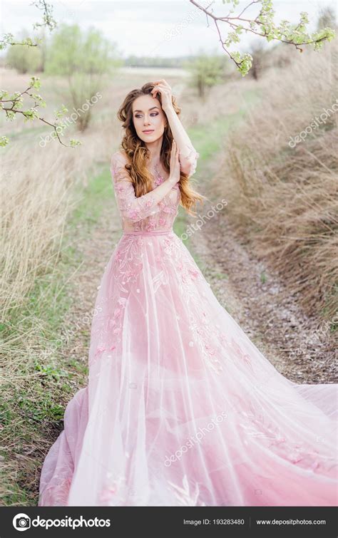 Young Beautiful Woman Posing Outdoors Pink Dress Nature Landscape