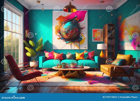 Living Room Interior Design With Different Paint Colors Stock
