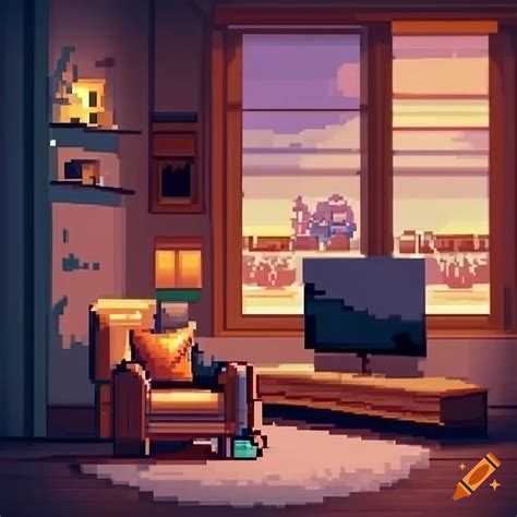 Pixel Art Of A Cozy Living Room With A Tv On Craiyon