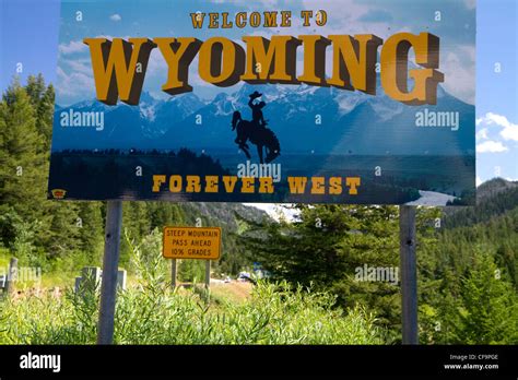 Welcome To Wyoming Road Sign At The Idaho Wyoming State Border Usa