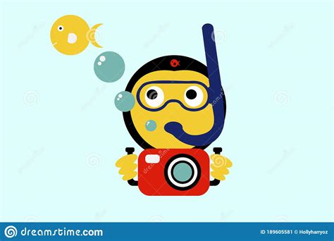 Scuba Diving Emoji With Bubbles And Yellow Fish Illustration Stock