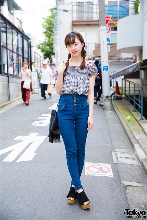 Harajuku Girl W Twin Braids In Trendy Denim And Gingham