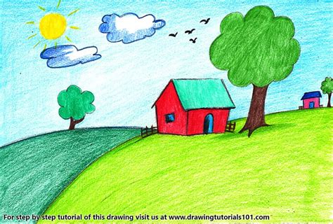 House Scenery For Kids Colored Pencils Drawing House Scenery For Kids