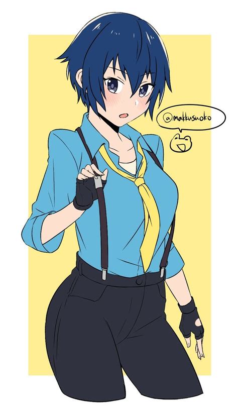 An Anime Character With Blue Hair And Black Pants Holding A Yellow Tie