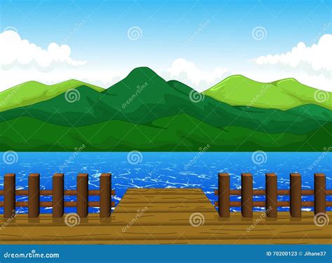 Beautiful View Of Dock Cartoon With Mountain Landscape Background