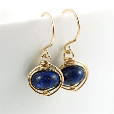 Navy Blue Lapis Lazuli Earrings 14k Gold Fill Dangle Etsy Earrings