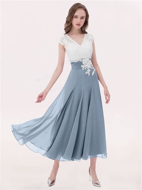 A Line V Neck Ivory Lace Applique Tea Length Bridesmaid Dresses Plus