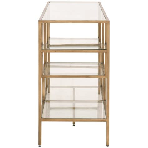 ava modern classic clear tempered glass shelves gold brass low bookcase