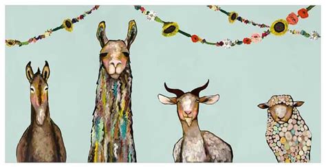 Donkey Llama Goat Sheep with Garland Eli Halpin Giclée Print Art