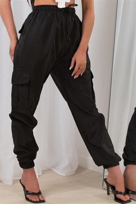 Womens Black Cargo Pants With Side Pocket Detail Uk