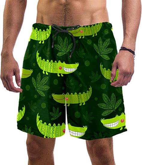 Cute Green Gator Crocodile Pattern Casual Board Shorts For Men Quick Dry Swim Trunks For Summer