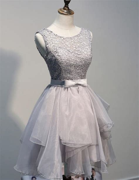 silver grey layered tulle skirt cocktail dress short party dress with lace bodice on luulla