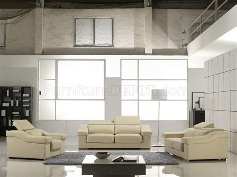 Cream Full Leather 3pc Living Room Set Wadjustable Headrests