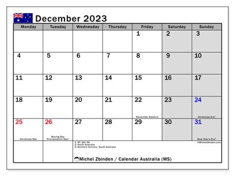 December 2023 Printable Calendar Australia Ms Michel Zbinden Au