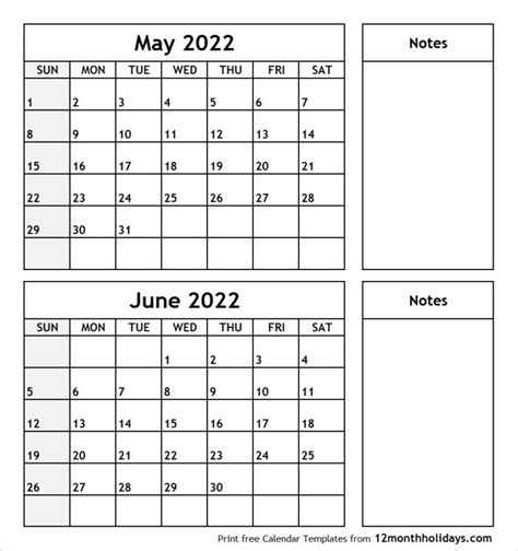 Printable Blank Two Month Calendar May June 2022 Template