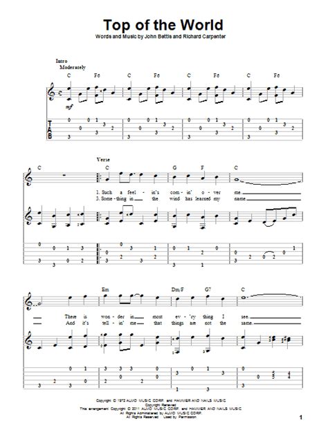 Top Of The World Guitar Tab By Carpenters Guitar Tab 82855
