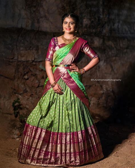 stunning actress and anchor shiva jyothi savithri wearing traditional kanchi pattu langa voni