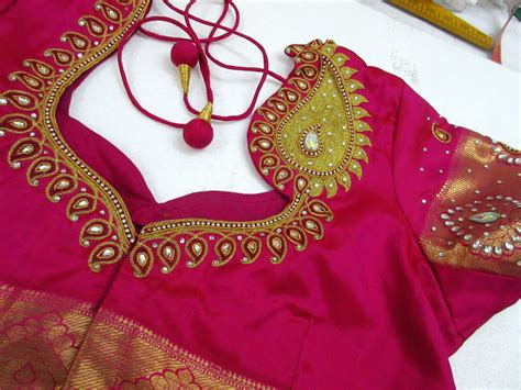 Kundan Work Hand Embroidery Pattu Saree Blouse Designs Saree Blouse