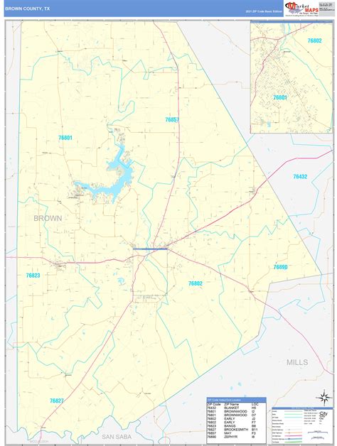 Brown County Tx Zip Code Wall Map Basic Style By Marketmaps Mapsales