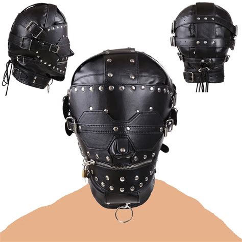 Leather Rivet Hood Mask Bdsm Full Head Bondage Gimp Sex Slave Blindfold Zipper Lock Mouth