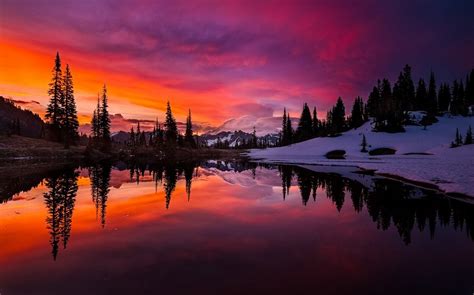 Lake Sunset Mountain Forest Sky Water Snow Reflection Trees Clouds Colorful