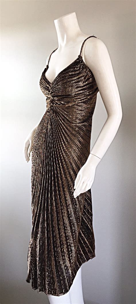 sexy 1970s 70s metallic bronze pleated vintage disco dress at 1stdibs