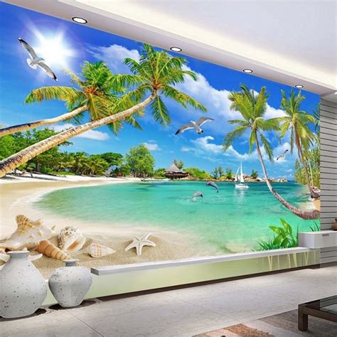Custom 3 D Photo Wallpaper Wall Murals 3d Wallpaper Beach Tree Waves