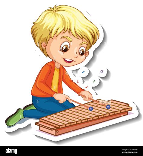 Sticker Design With A Boy Playing Xylophone Illustration Stock Vector