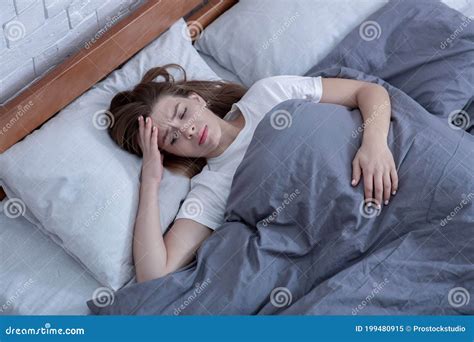 Psychological Health Care Sad Lady Lying Alone In Bed Suffering From