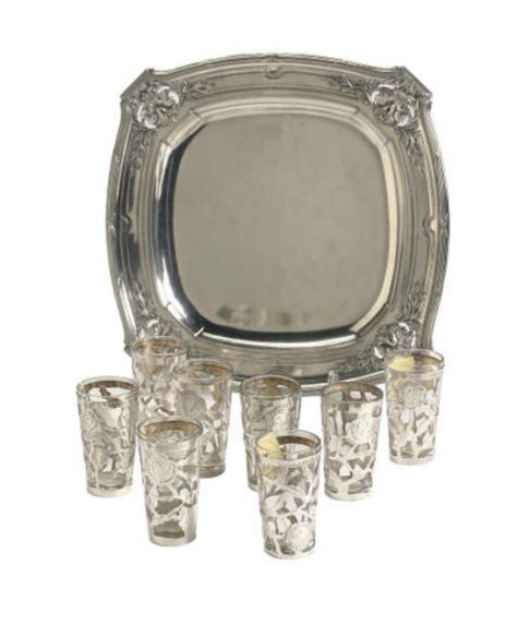 A Set Of Eight Mexican Silver Overlaid Cordial Glasses And A Continental Silver Square Tray