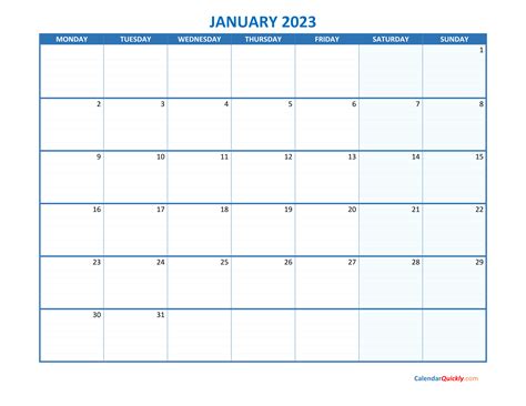 January Monday 2023 Blank Calendar Calendar Quickly