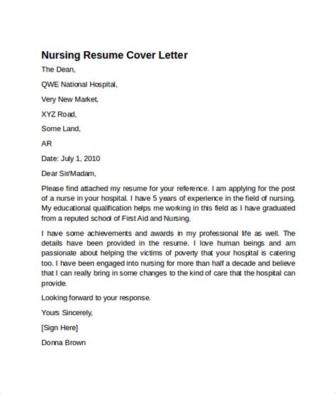 Nursing Cover Letter Template Free