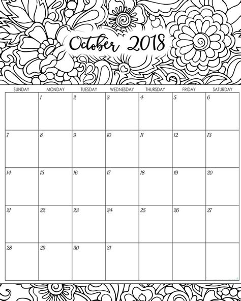 October 2018 Calendar Printable Coloring Page Coloring Calendar