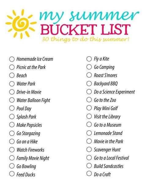 It's easier than you think to grab the crayons, glue, glitter, and paint and let their creativity shine. Summer Bucket List- 30 Fun Summer Activity ideas for ...
