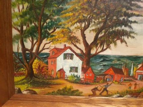 Vintage Folk Art Americana Framed Oil On Board Landscape Etsy