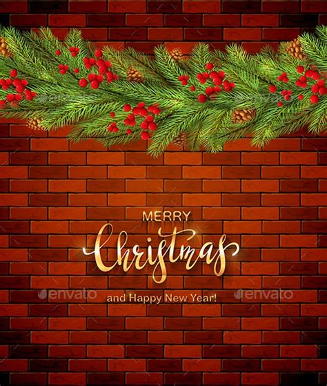 Christmas Decorations On Brick Wall Background With Holly Berries By Losw