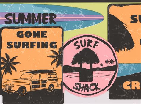 Retro Surf Signs Vintage Wallpaper Border For Surfer Teen