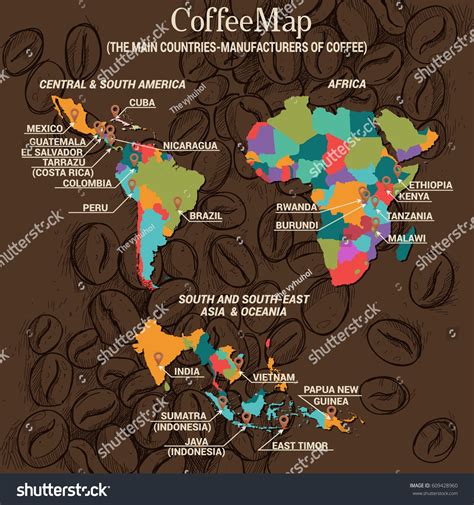 Coffee Map Main Countriesmanufacturers Coffee Central Stock Vector