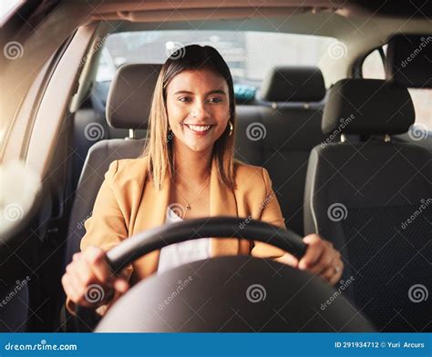 Happy Driving And Business Woman In Car To Travel Journey And Rent