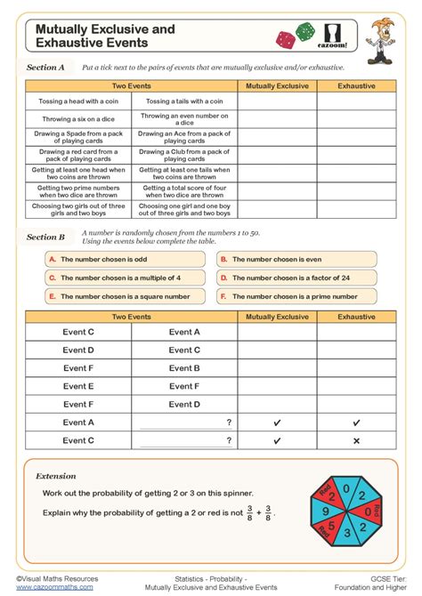 Mutually Exclusive And Exhaustive Events Worksheet Printable Maths