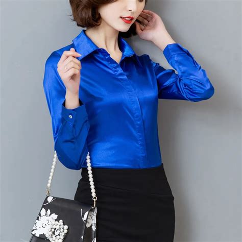 women silk satin blouse button long sleeve lapel ladies office work shirts elegant female satin