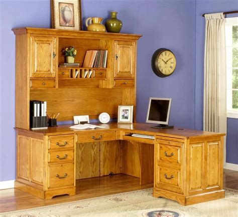 Solid oak desks for home office, glass top pedestal dining table single pedestal roll. L-Shape Return Desk w Executive Hutch Set in Golden Oak ...