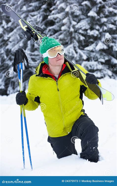 Young Man On Ski Holiday In Mountains Stock Image Image Of Smiling